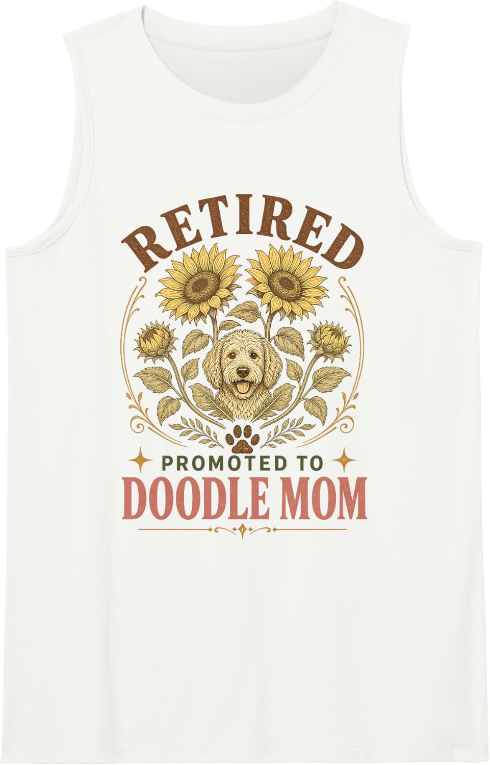 Women's Retired Promoted to Doodle Mom Goldendoodle Sleeveless Tank Top - White