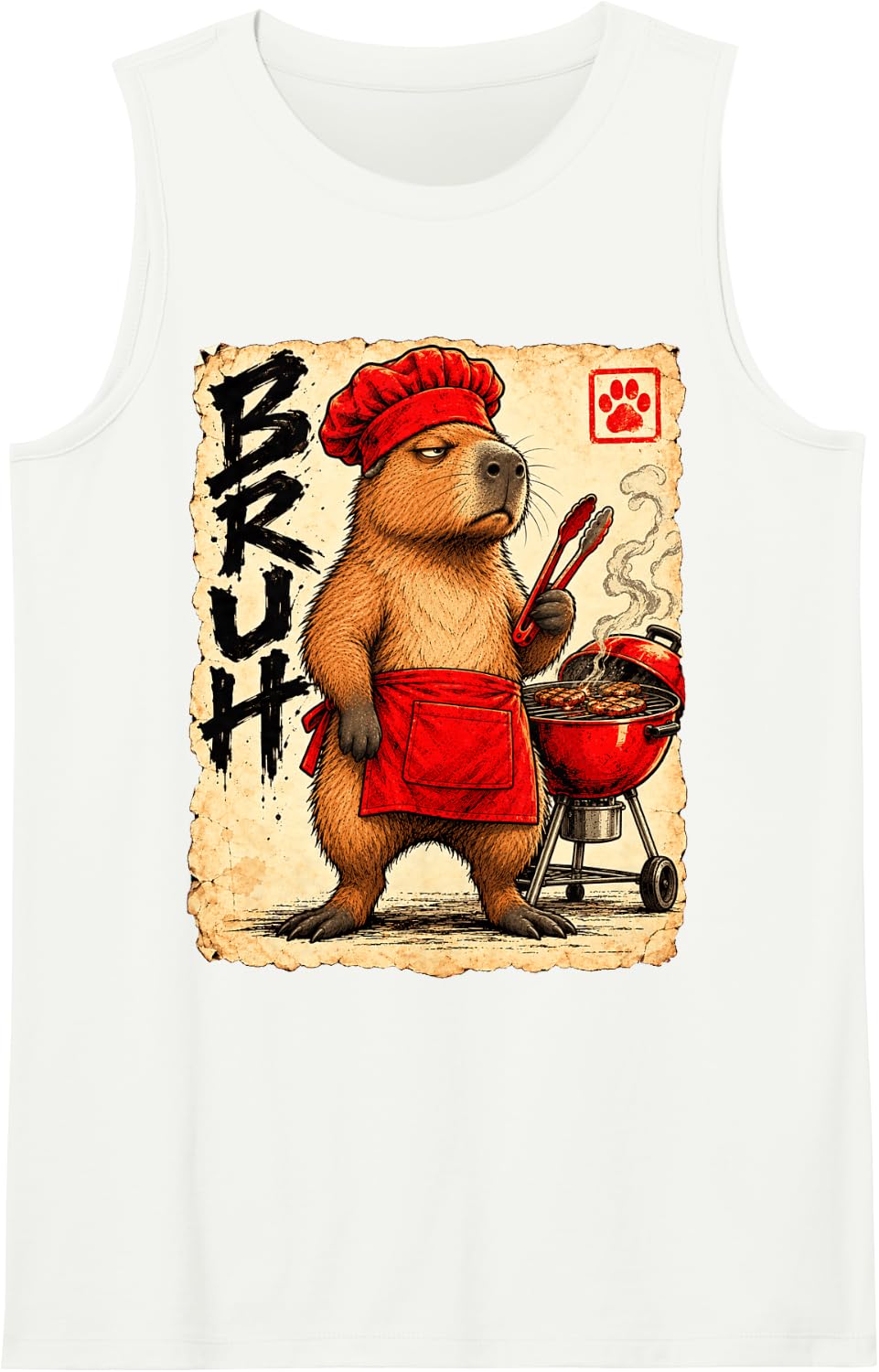 BBQ Grill Bruh Anime Kawaii Otaku Japanese Grill Capybara Sleeveless Tank Top - White