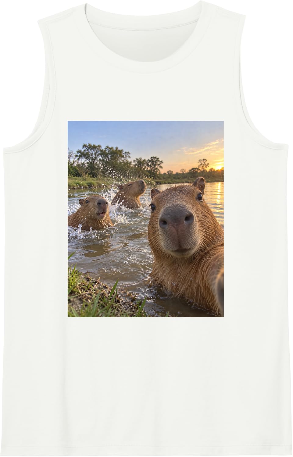 Funny Capybara Pool Party Chill Animal Photo Meme Sleeveless Tank Top - White