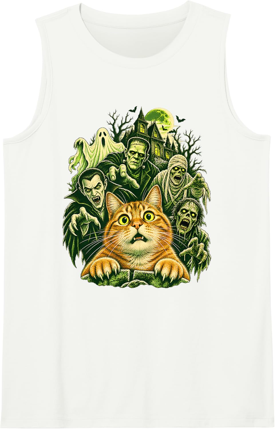 Vintage 90s Cat Classic Monsters Haunted House Halloween Sleeveless Tank Top - White