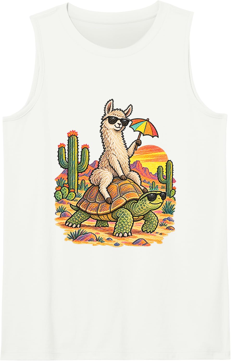 Llama Riding Giant Turtle Funny Animal Meme Sleeveless Tank Top - White