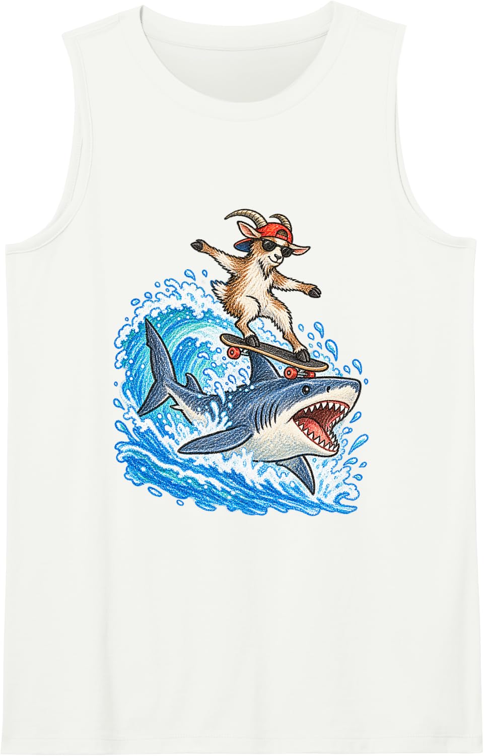 Goat Skateboarding on Shark Funny Animal Meme Sleeveless Tank Top - White