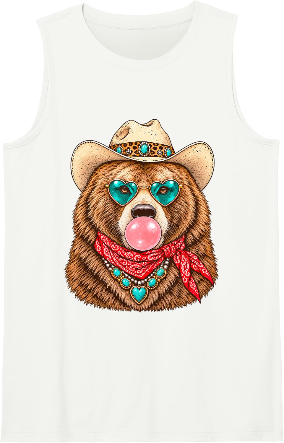 Glam Bear with Cowboy Hat and Bubblegum Western Animal Sleeveless Tank Top - White