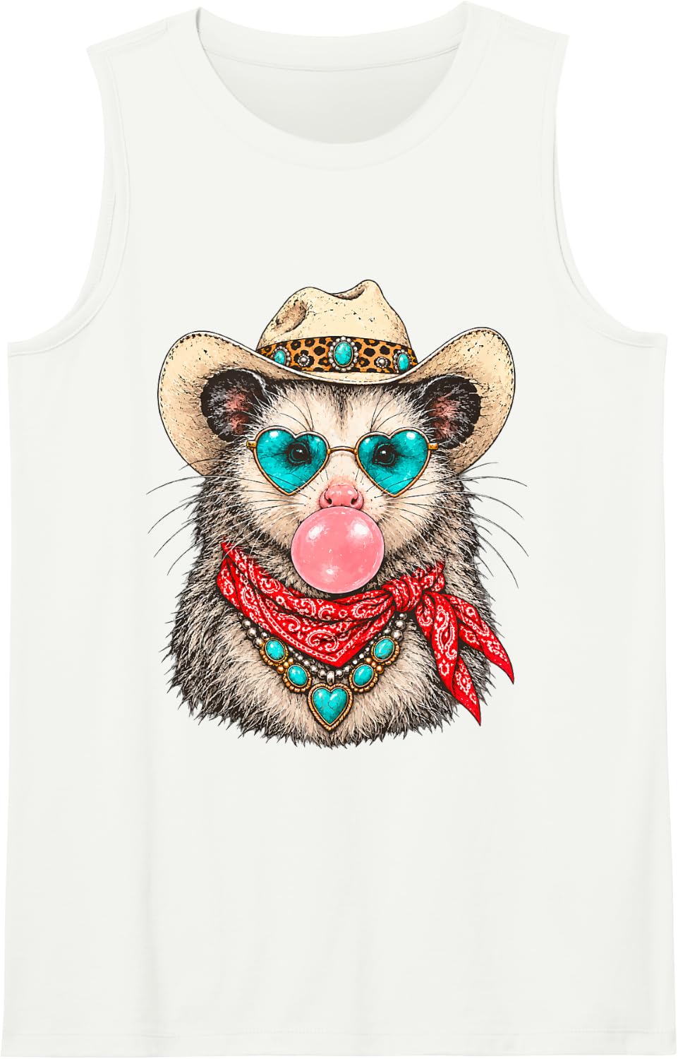 Glam Possum with Cowboy Hat and Bubblegum Western Animal Sleeveless Tank Top - White