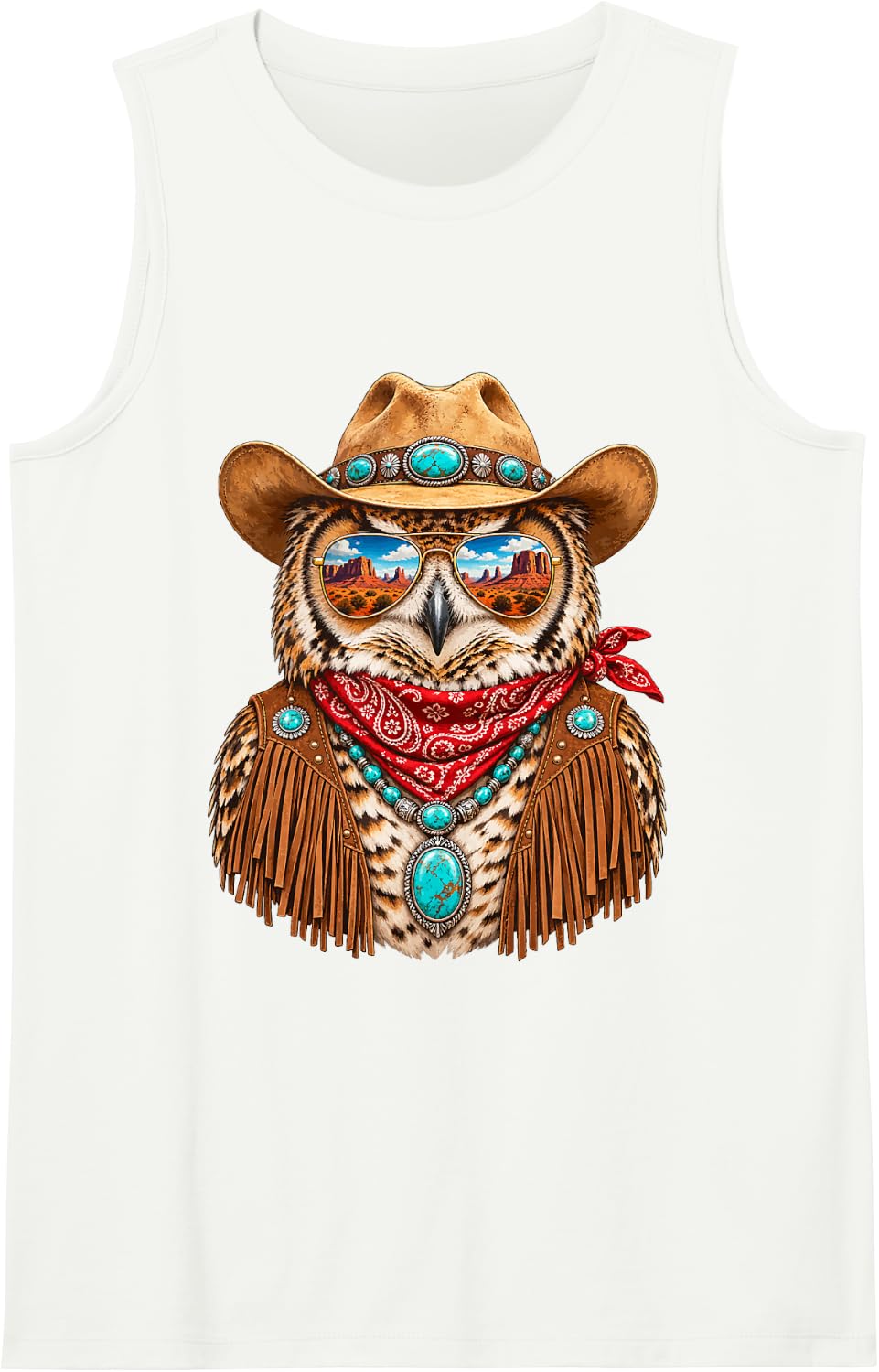 Glam Owl with Sunglasses and Cowboy Hat Western Boho Sleeveless Tank Top - White