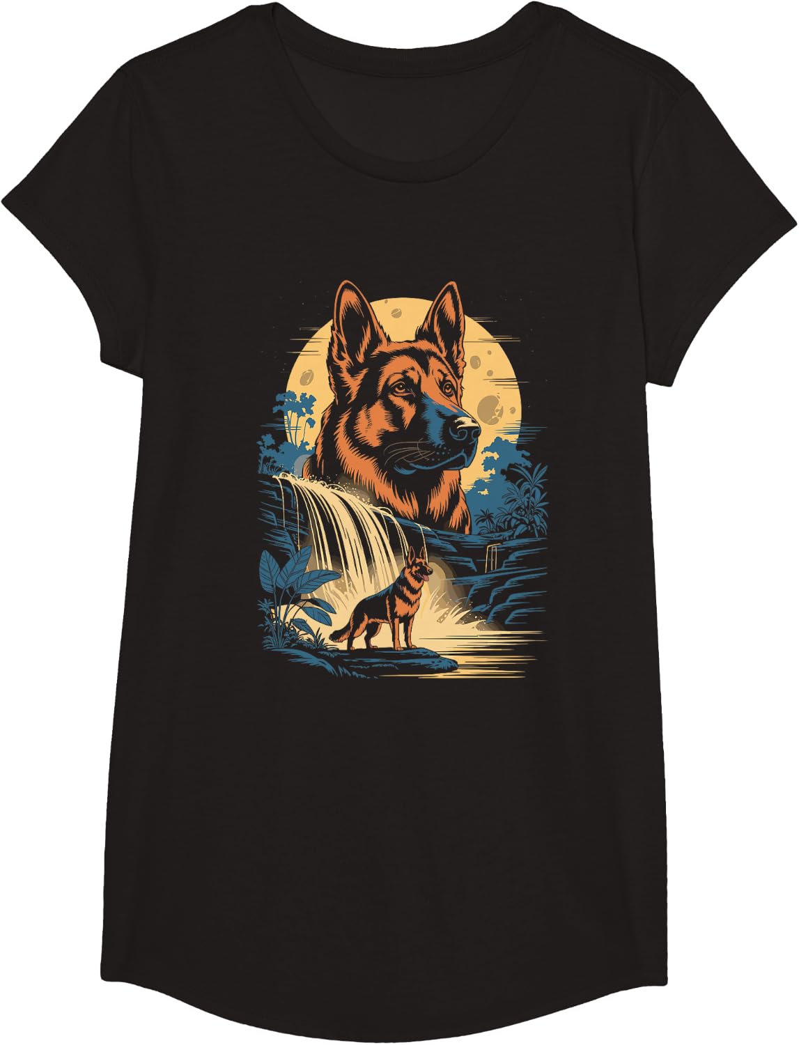 Majestic German Shepherd Under Moon Waterfall Scene T-Shirt - Girls Black