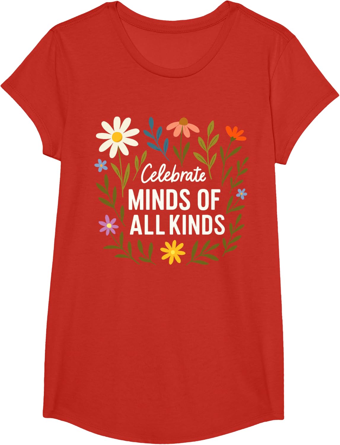 Celebrate Minds of All Kinds Flowers Neurodiversity Autism T-Shirt - Girls Red