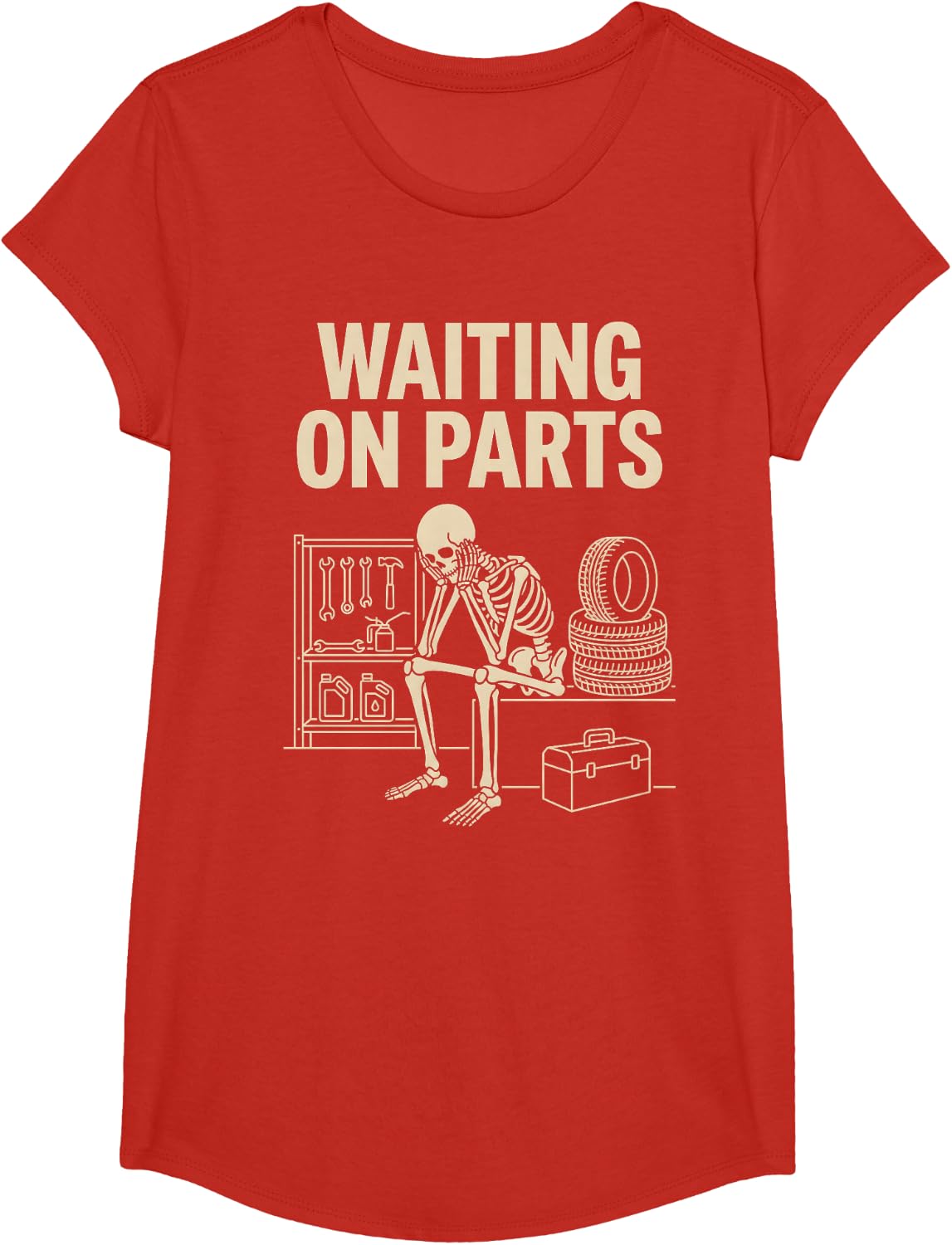 Vintage Waiting on Parts Car Garage Mechanic Wrench Humor T-Shirt - Girls Red