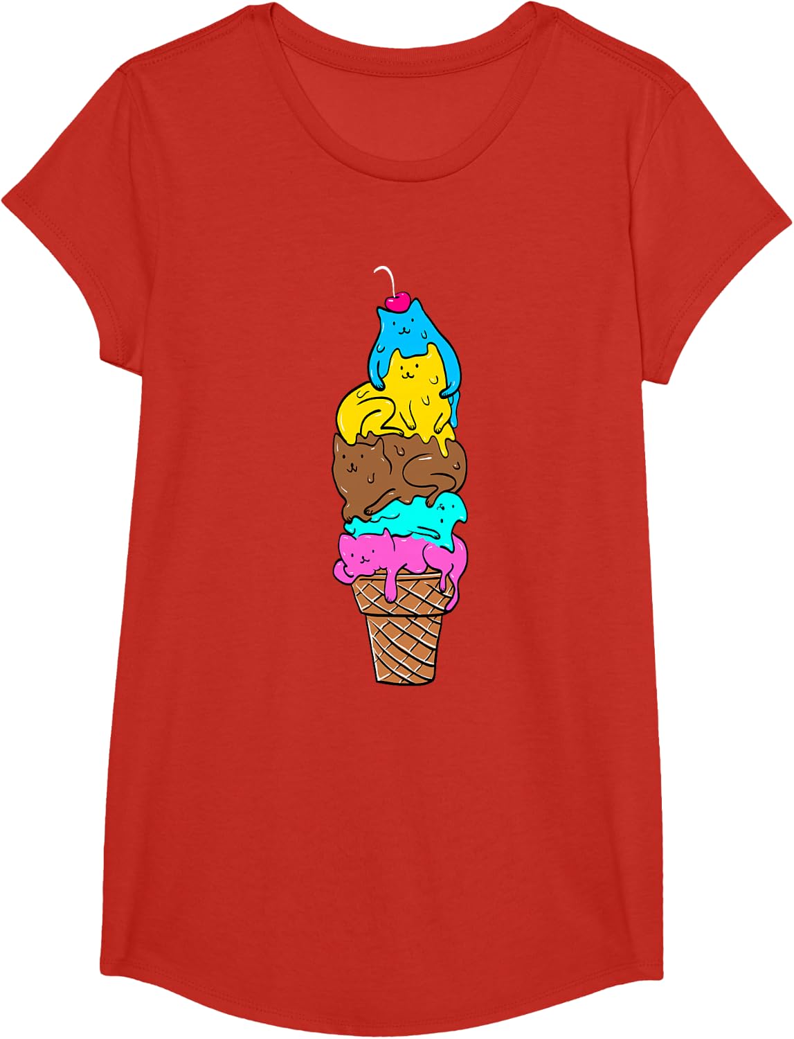 Cute Cat Ice Cream T-Shirt - Kitty Cat Dessert Shirt T-Shirt - Girls Red