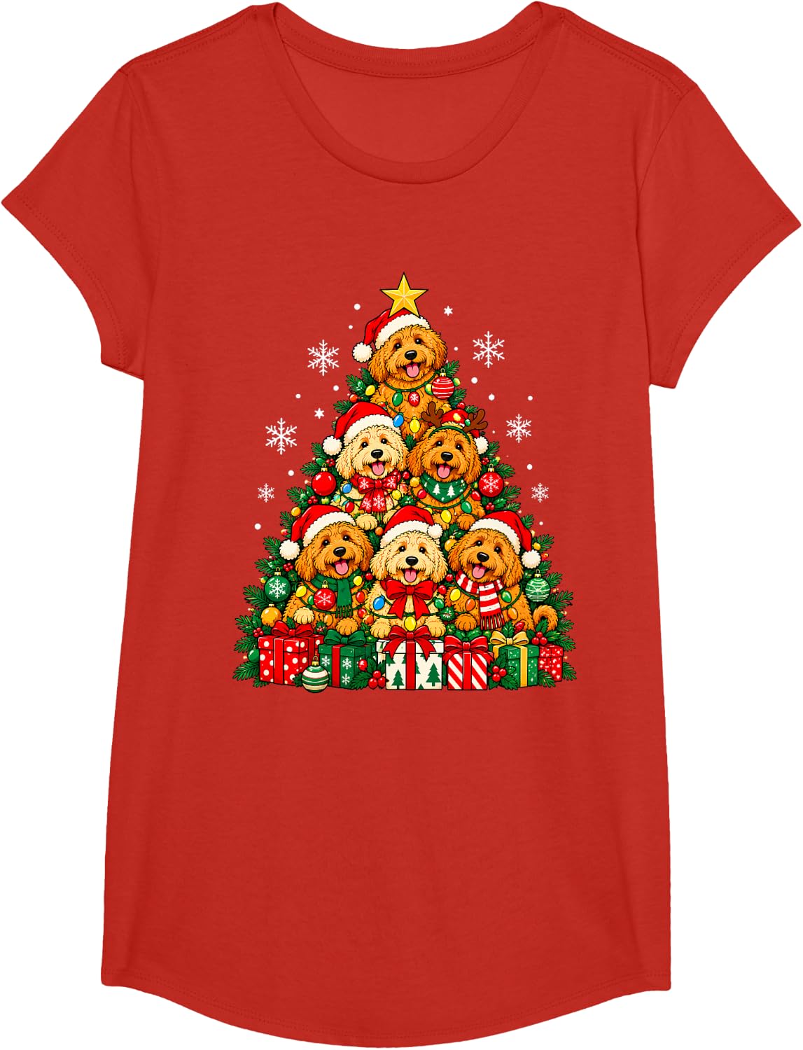 Christmas Goldendoodle Xmas Tree Santa Doodle Dog T-Shirt T-Shirt - Girls Red