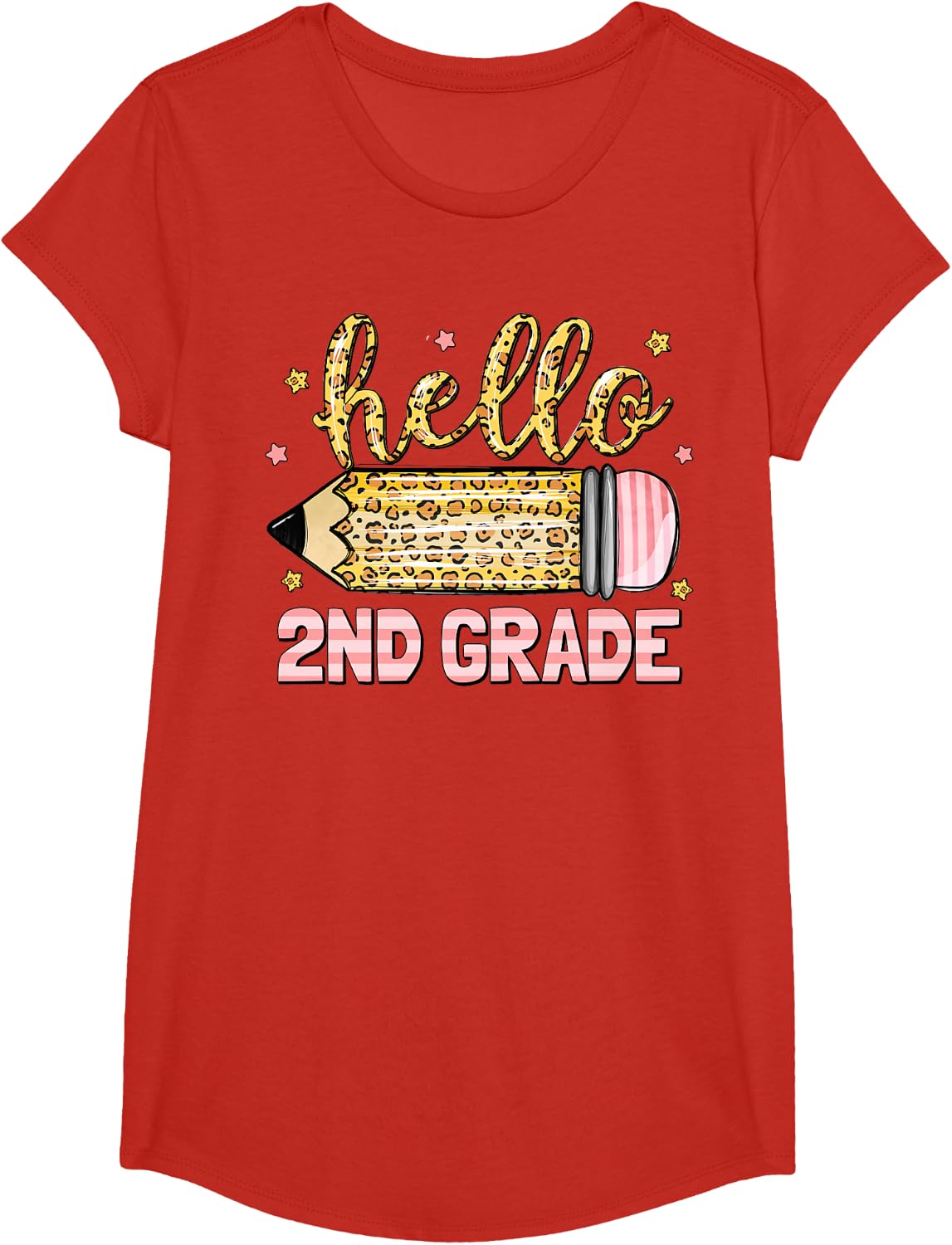 Back to School Hello Second 2nd Grade Leopard Pencil Girl T-Shirt - Girls Red