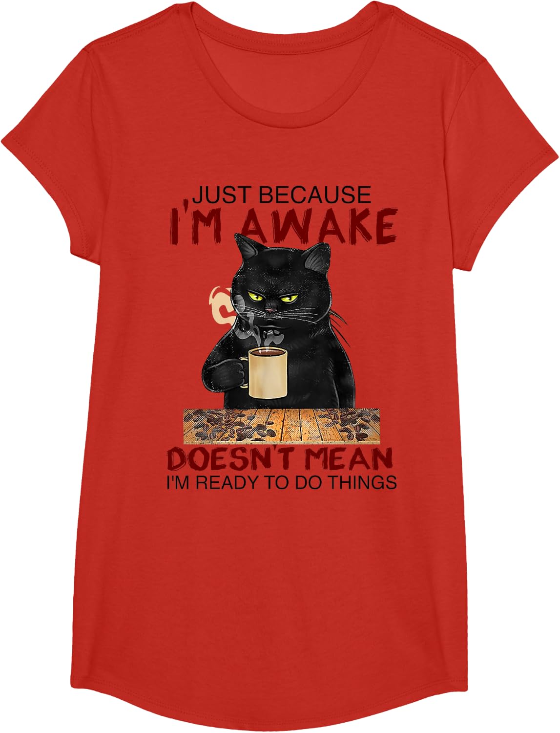 Just Because I'm Awake Funny Coffee Cat Lover Men Women Kids T-Shirt - Girls Red