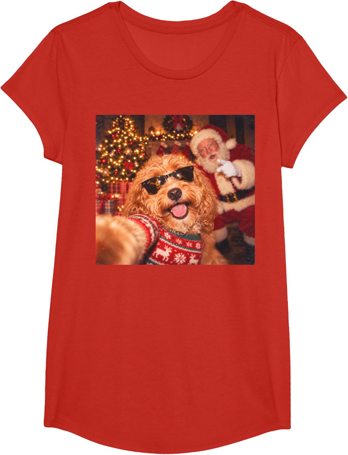 Funny Goldendoodle Christmas Santa Selfie Dog Lover Xmas T-Shirt - Girls Red