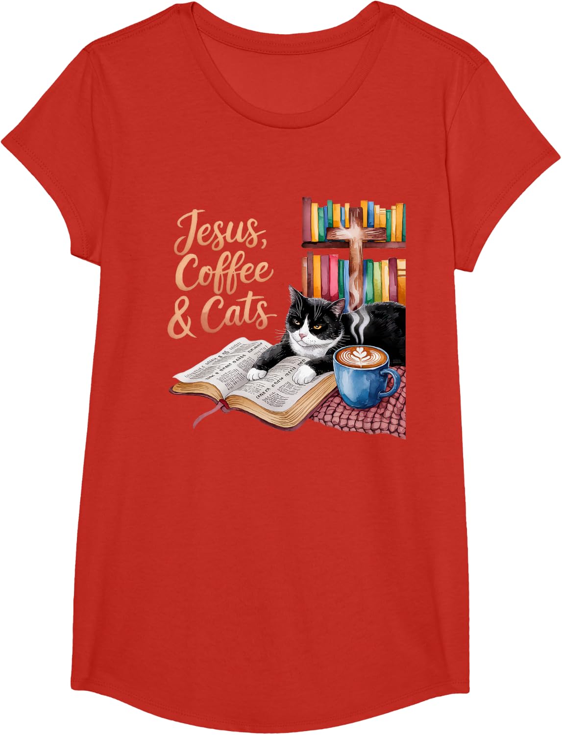 Jesus Coffee Cats Funny Cute Design Jesus Lovers Christian T-Shirt - Girls Red