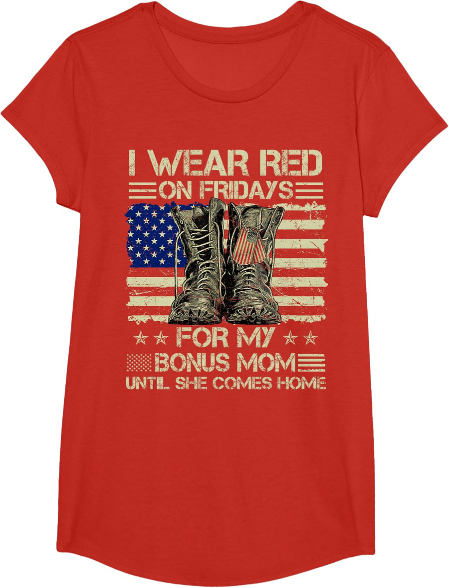 I Wear Red On Fridays for My Bonus Mom US Family Support T-Shirt - Girls Red