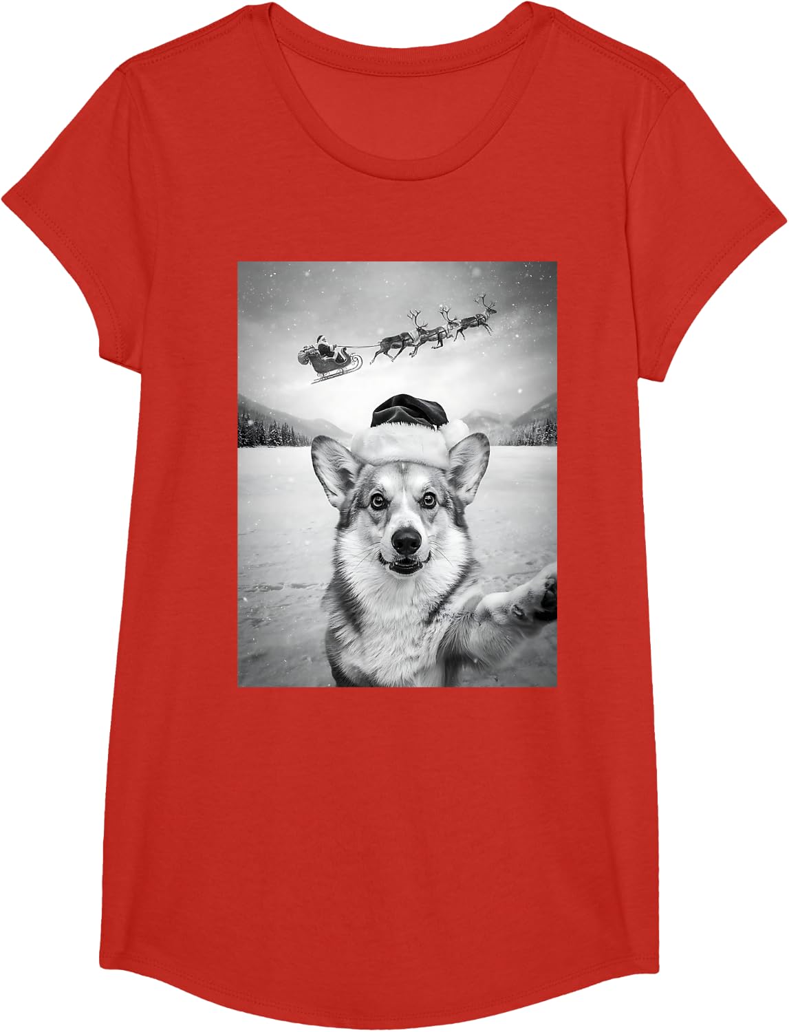 Pembroke Welsh Corgi Christmas Selfie Santa Sleigh Dog Mom T-Shirt - Girls Red