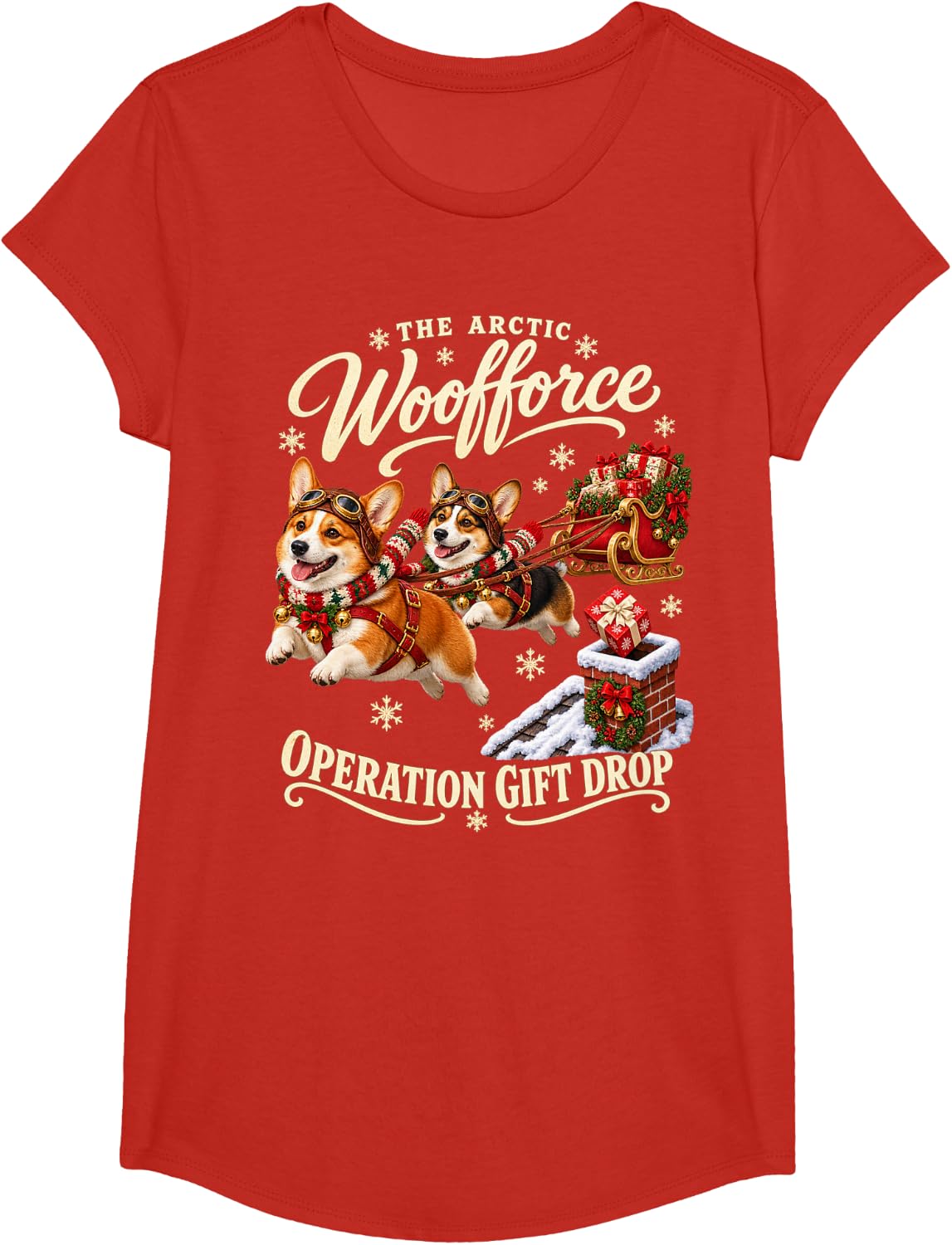 Retro Pembroke Welsh Corgi Christmas Xmas Sleigh Dog Lover T-Shirt - Girls Red
