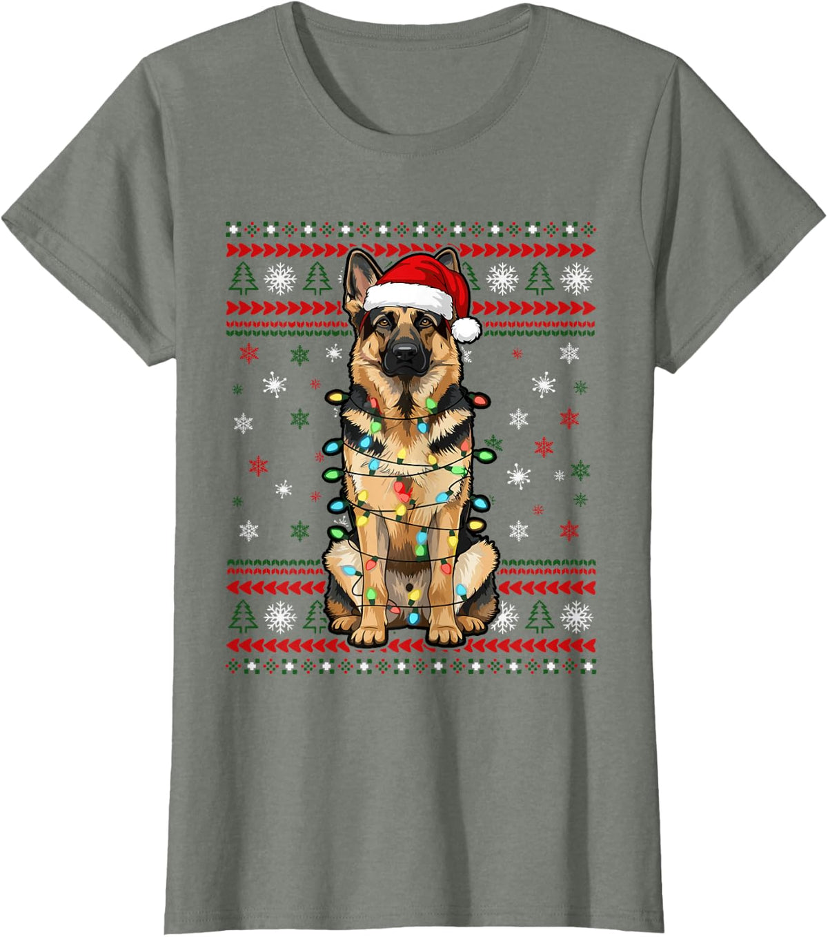 Dog Christmas, German Shepherd Christmas Lights Ugly Sweater T-Shirt - Olive Heather