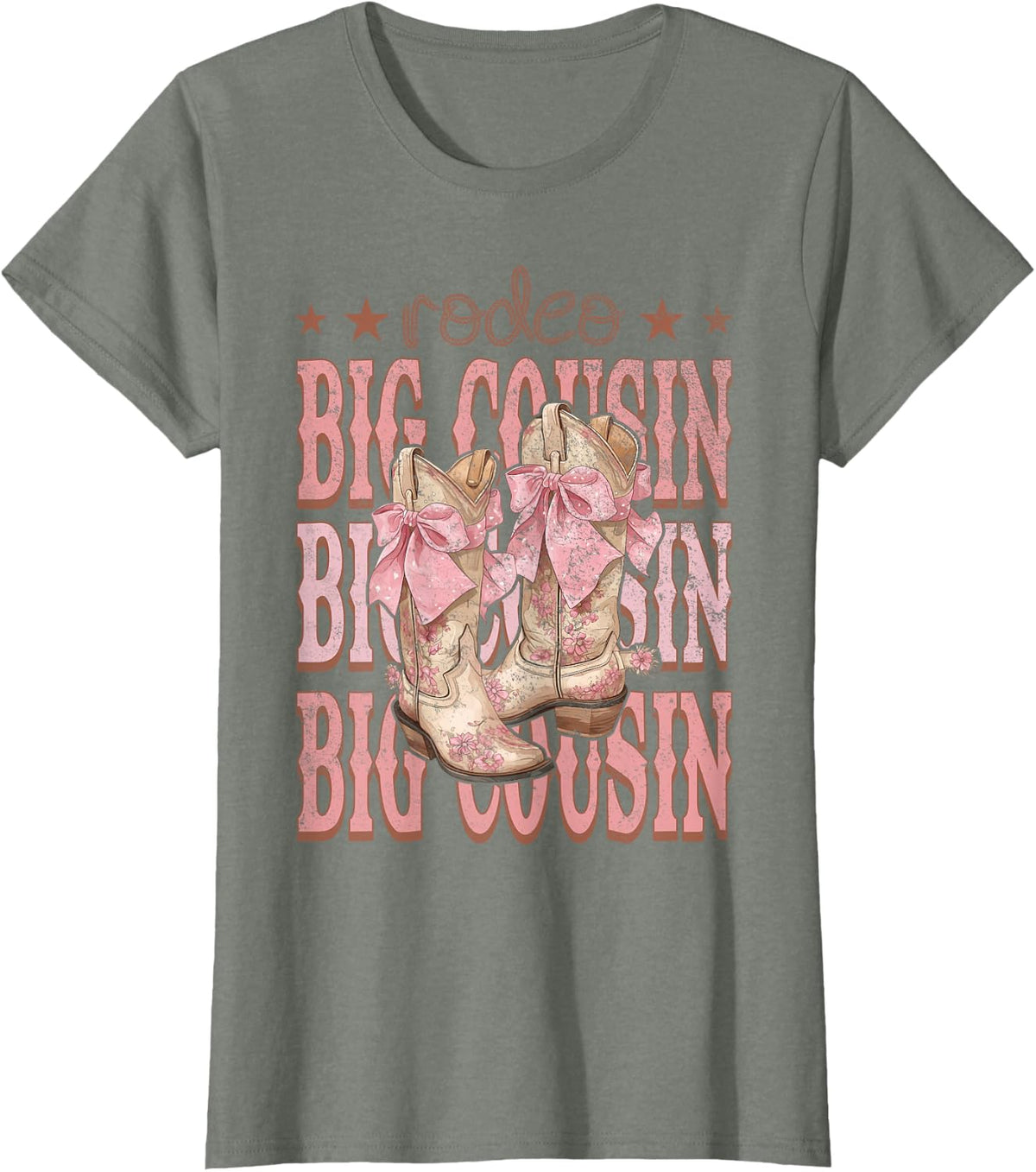 Rodeo Big Cousin Pink Boots Coquette Cow-Girl Birthday Party T-Shirt - Olive Heather