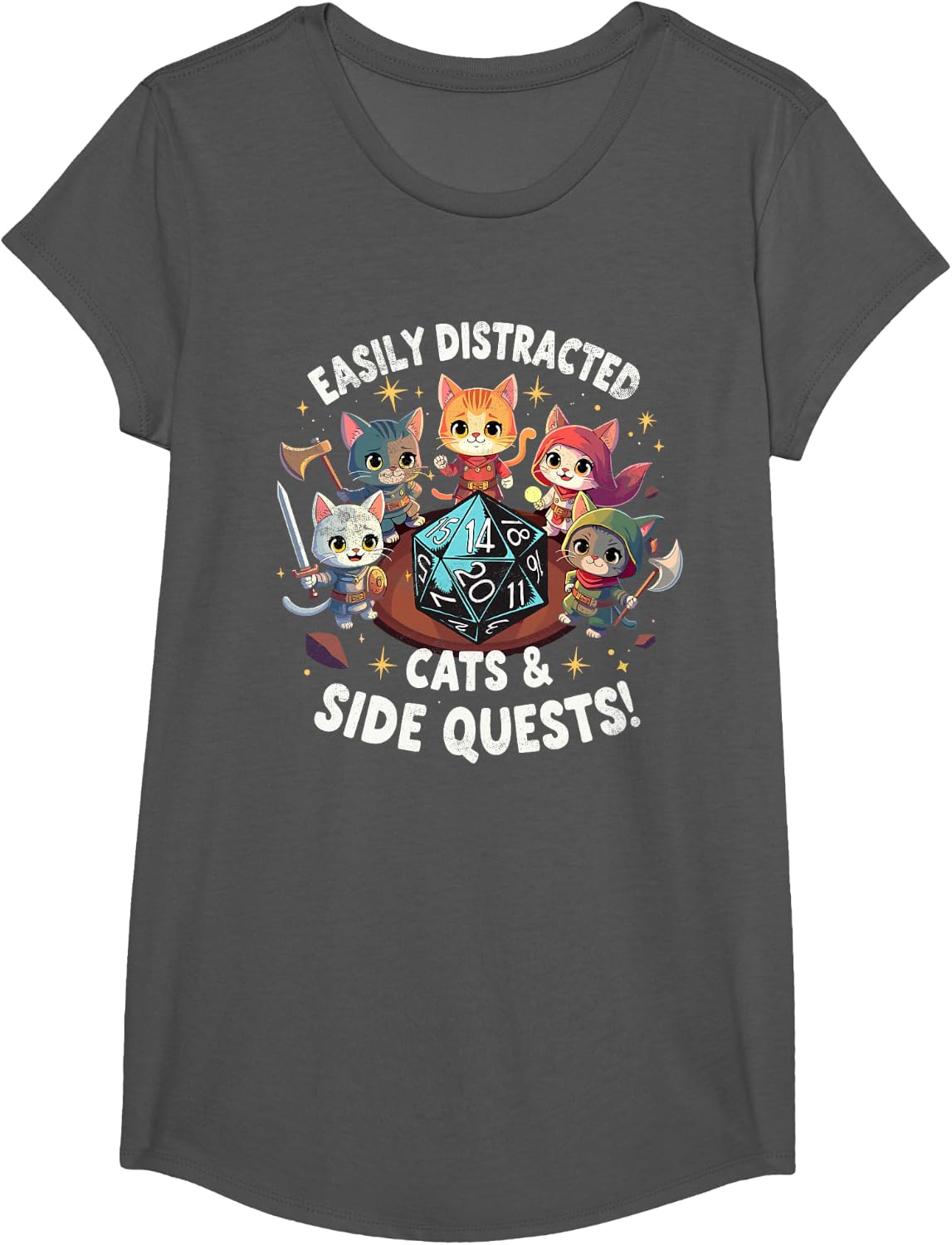 Easily Distracted Cats & Side Quests Cat Gamer Video Games T-Shirt - Girls Asphalt Grey
