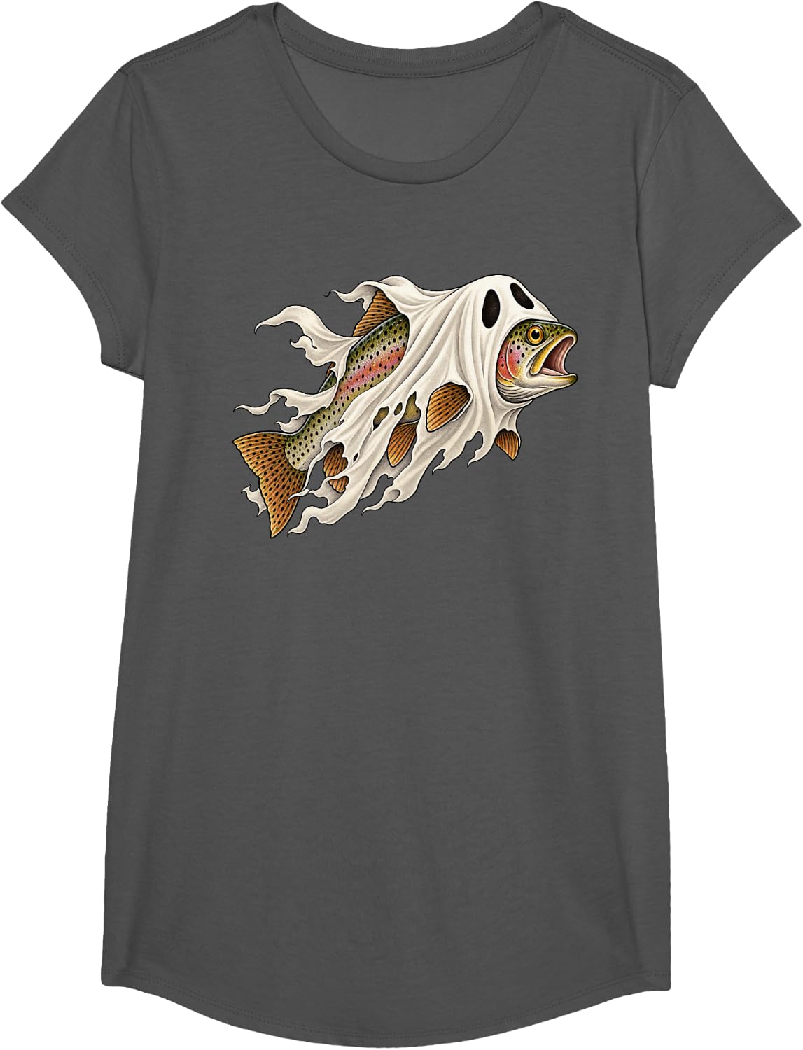 Trout Fish Ghost Halloween Fishing T-Shirt - Girls Asphalt Grey