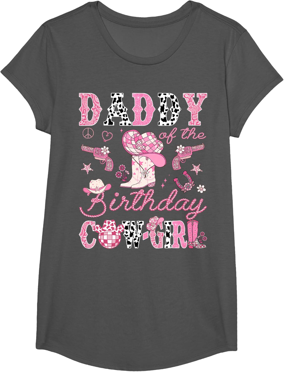 Daddy Of The Birthday CowGirl Pink Disco Rodeo Daddy T-Shirt - Girls Asphalt Grey