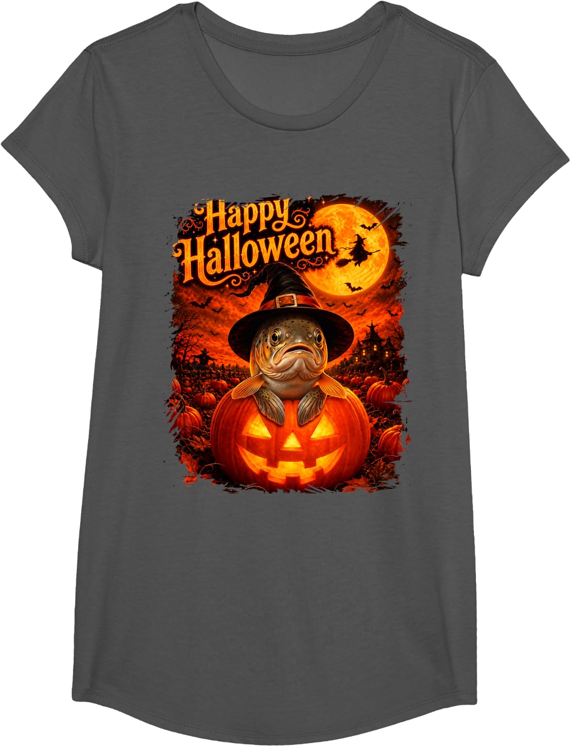 Cute Trout Fish Happy Halloween Night T-Shirt - Girls Asphalt Grey