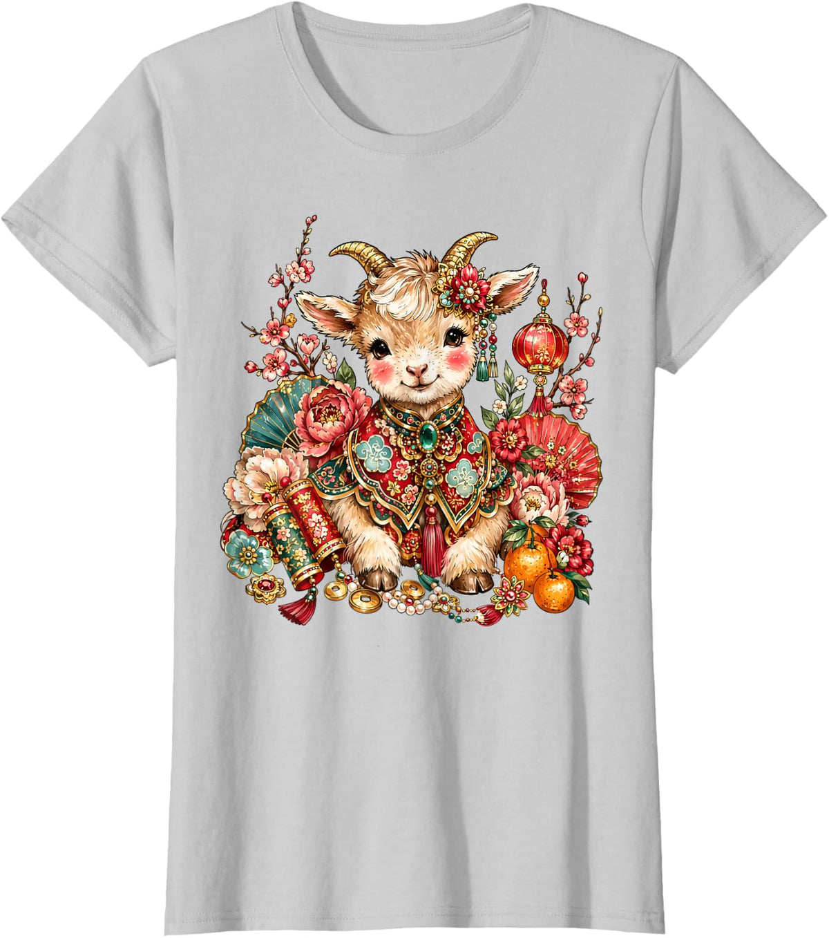 Chinese New Year Goat 2027 Floral Lantern Boho Chinoiserie T-Shirt - Silver Grey