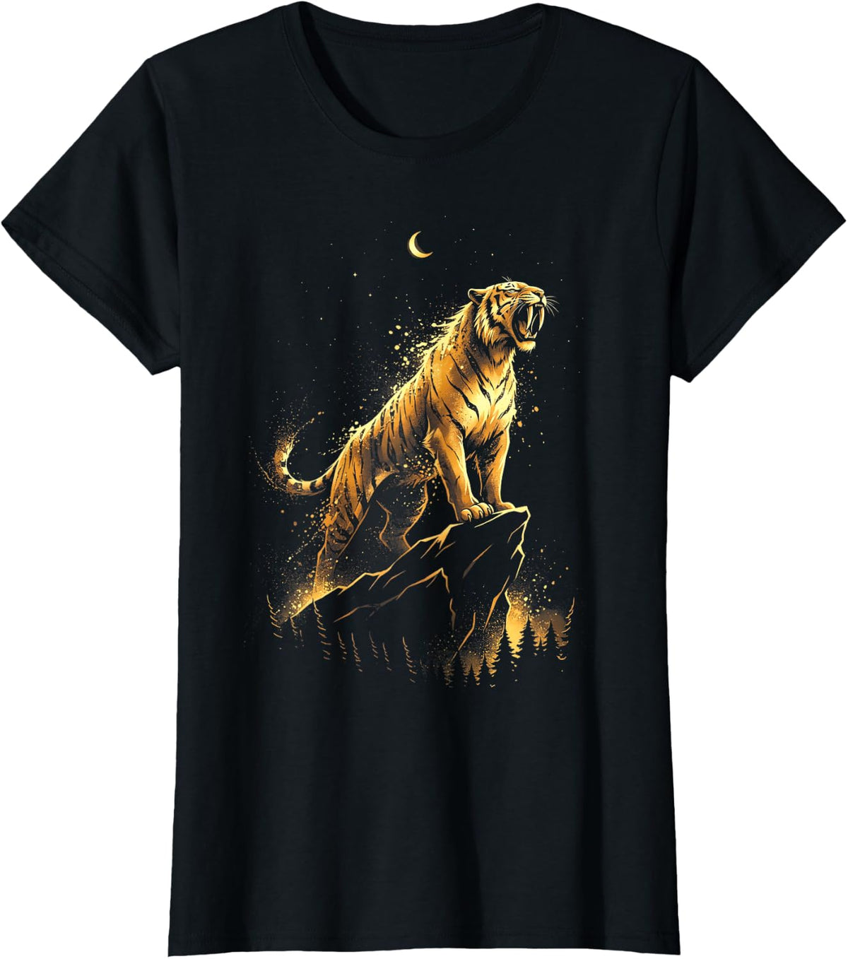 Animal Howling in The Moon Smilodon Saber-Toothed Tiger T-Shirt - Black