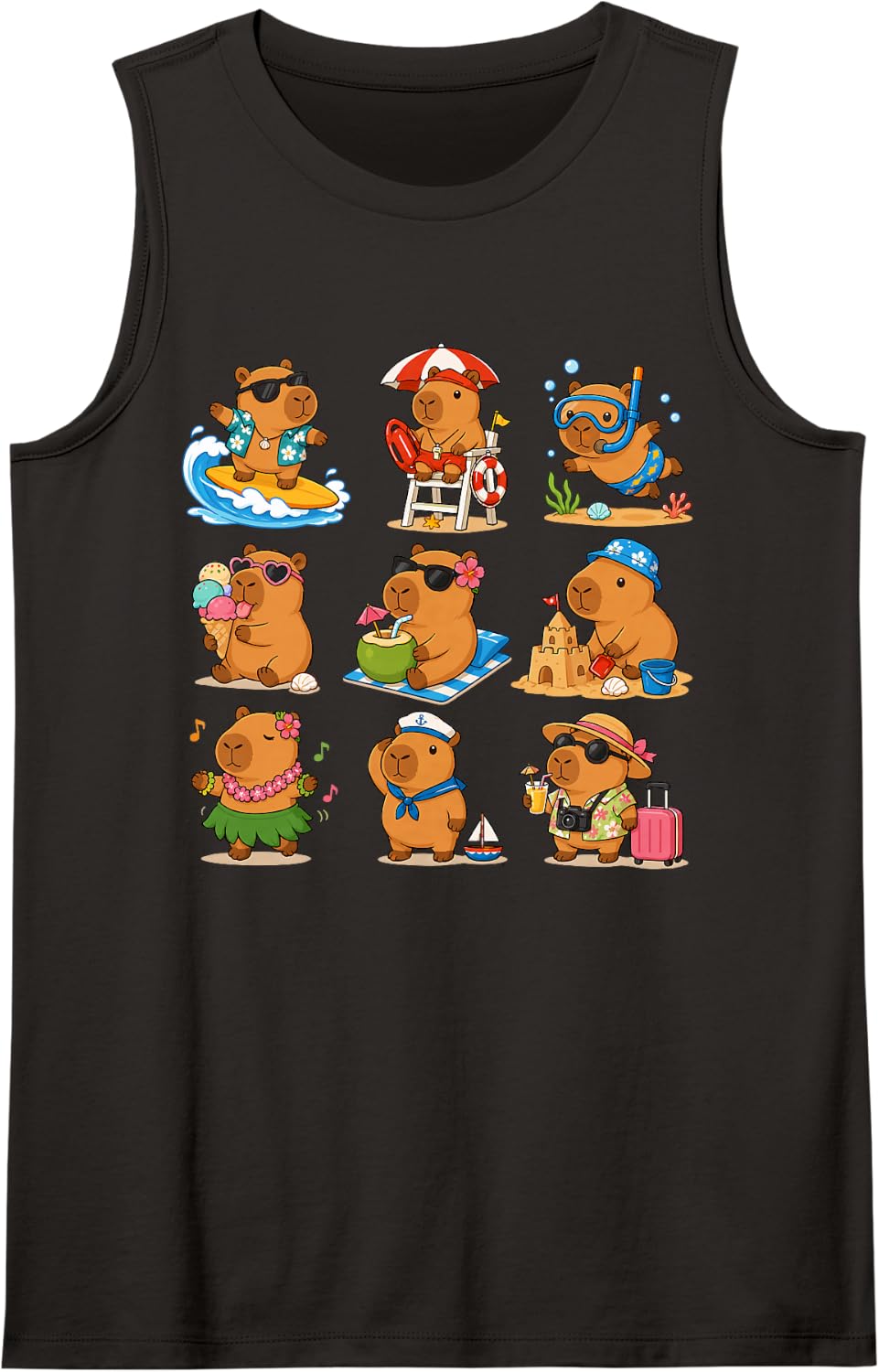 Capybara Summer Vacation Cute Beach Animal Cartoon Tank Top - Black