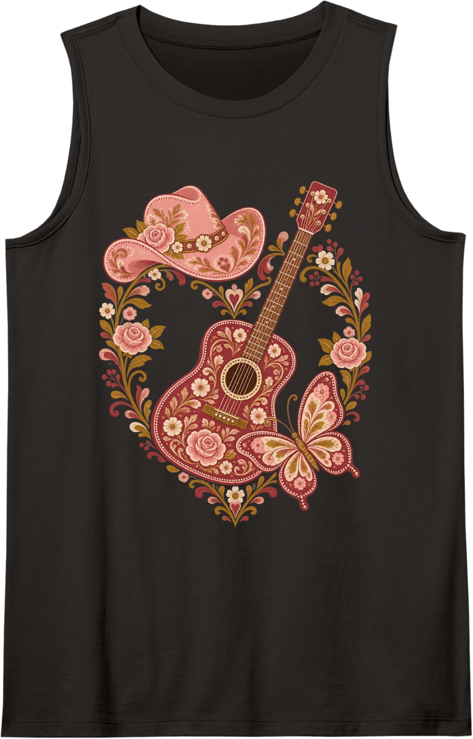 Western Guitar Butterfly Floral Cowgirl Aesthetic Sleeveless Tank Top - Black