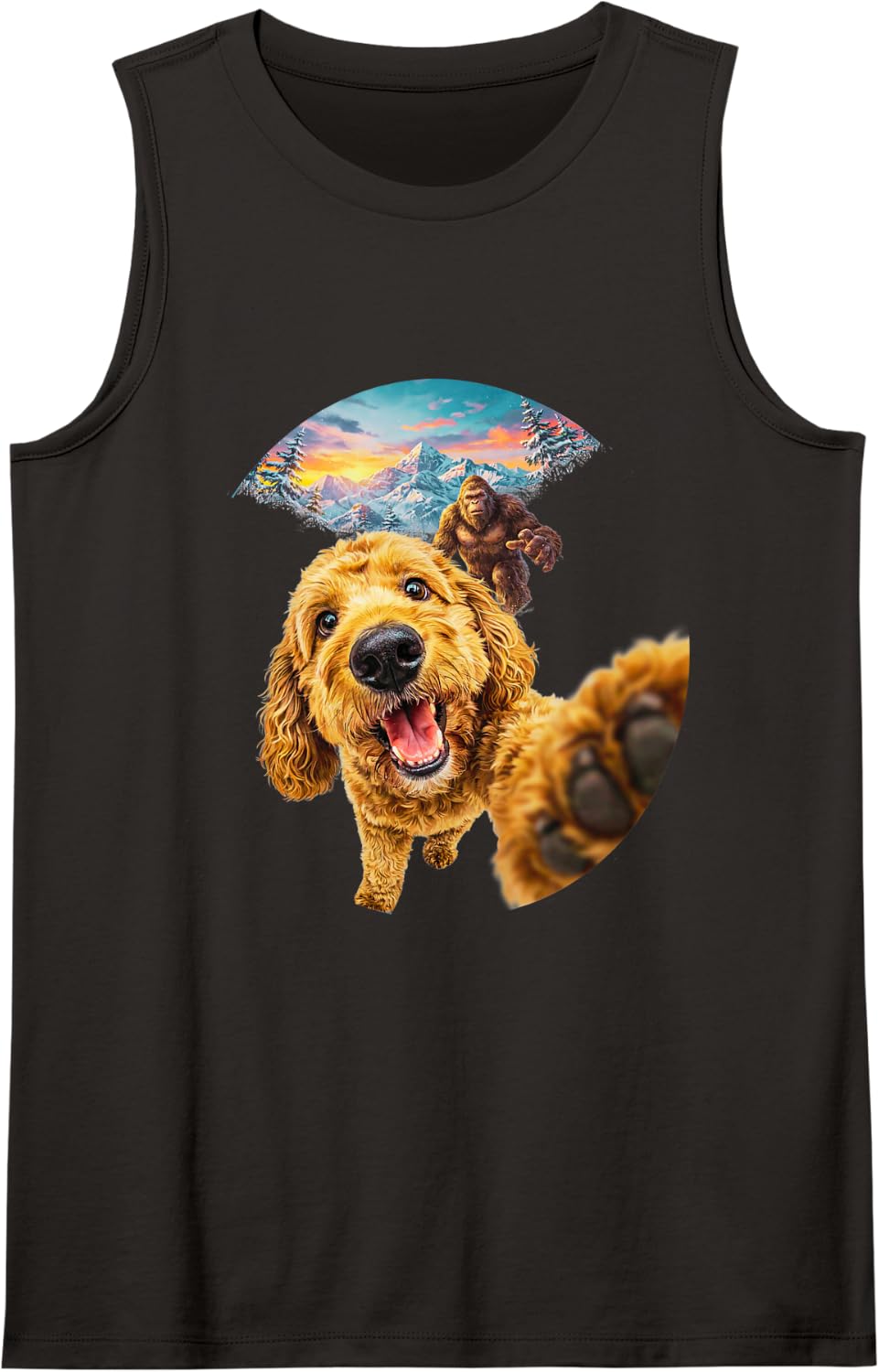 Goldendoodle Selfie with Bigfoot Funny Dog Sasquatch Lovers Sleeveless Tank Top - Black