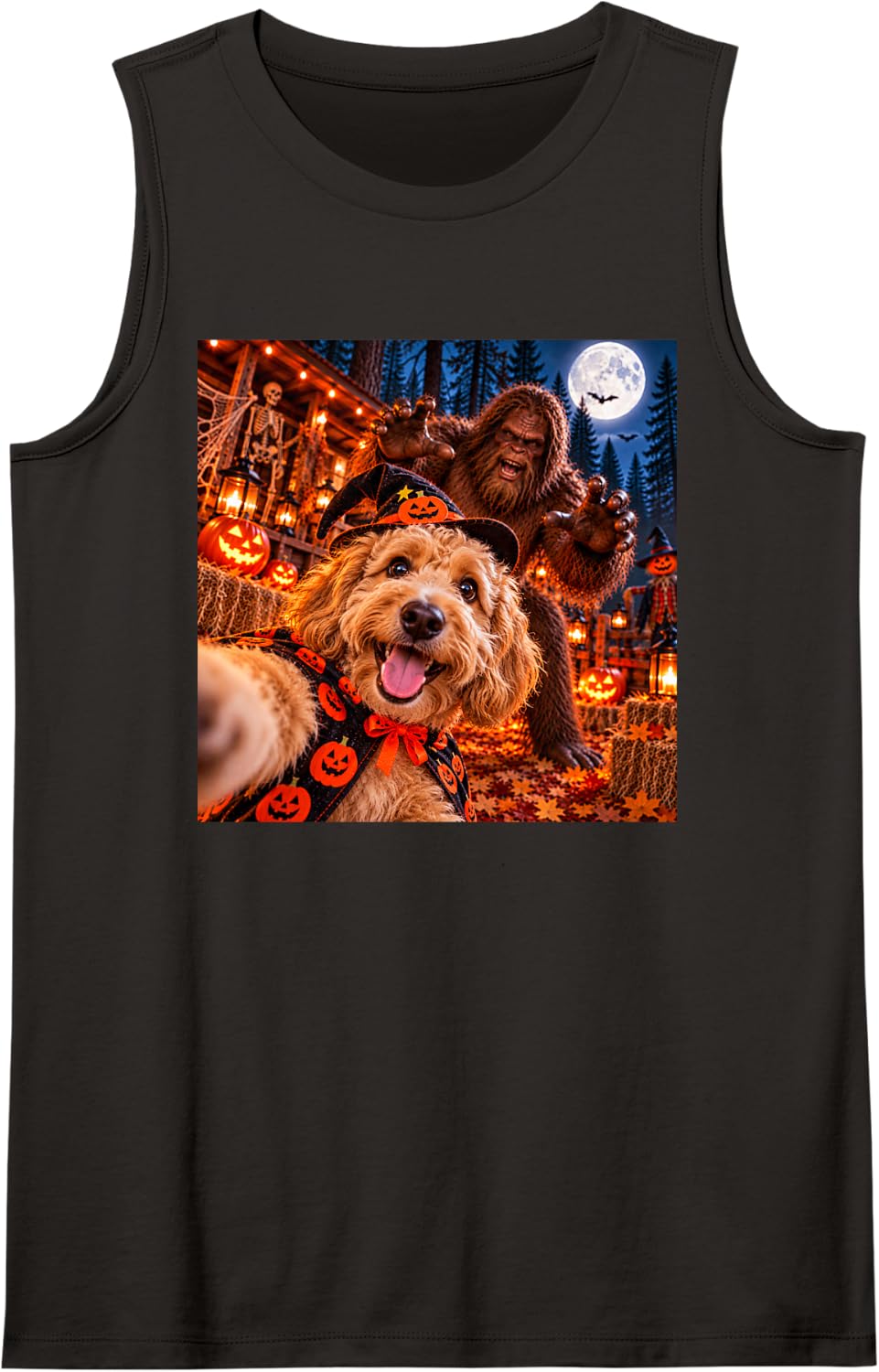 Goldendoodle Selfie Halloween Dog Bigfoot Funny Photobomb Sleeveless Tank Top - Black