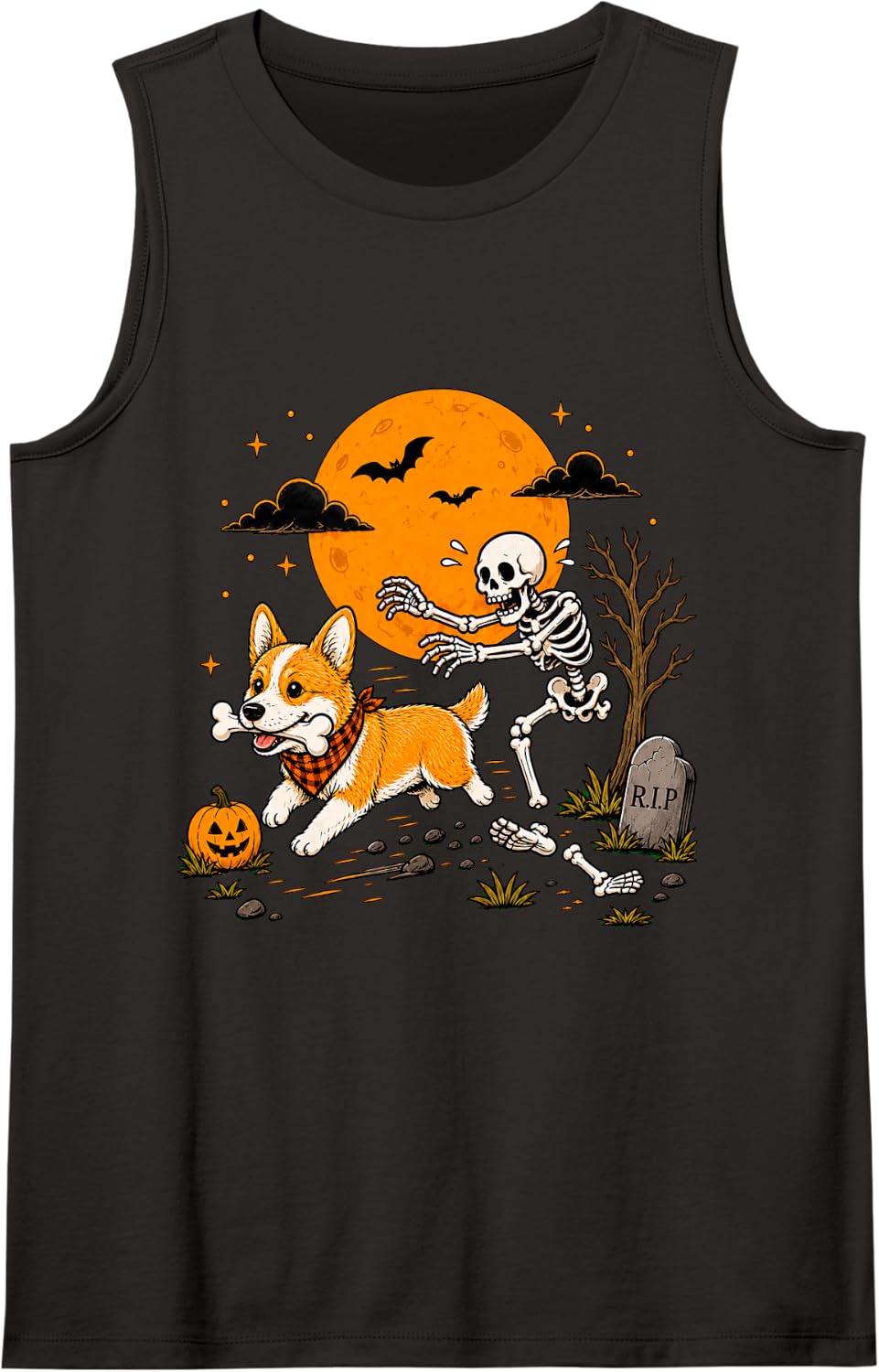 Halloween Dog Skeleton Funny Corgi Pembroke Welsh Men Women Sleeveless Tank Top - Black