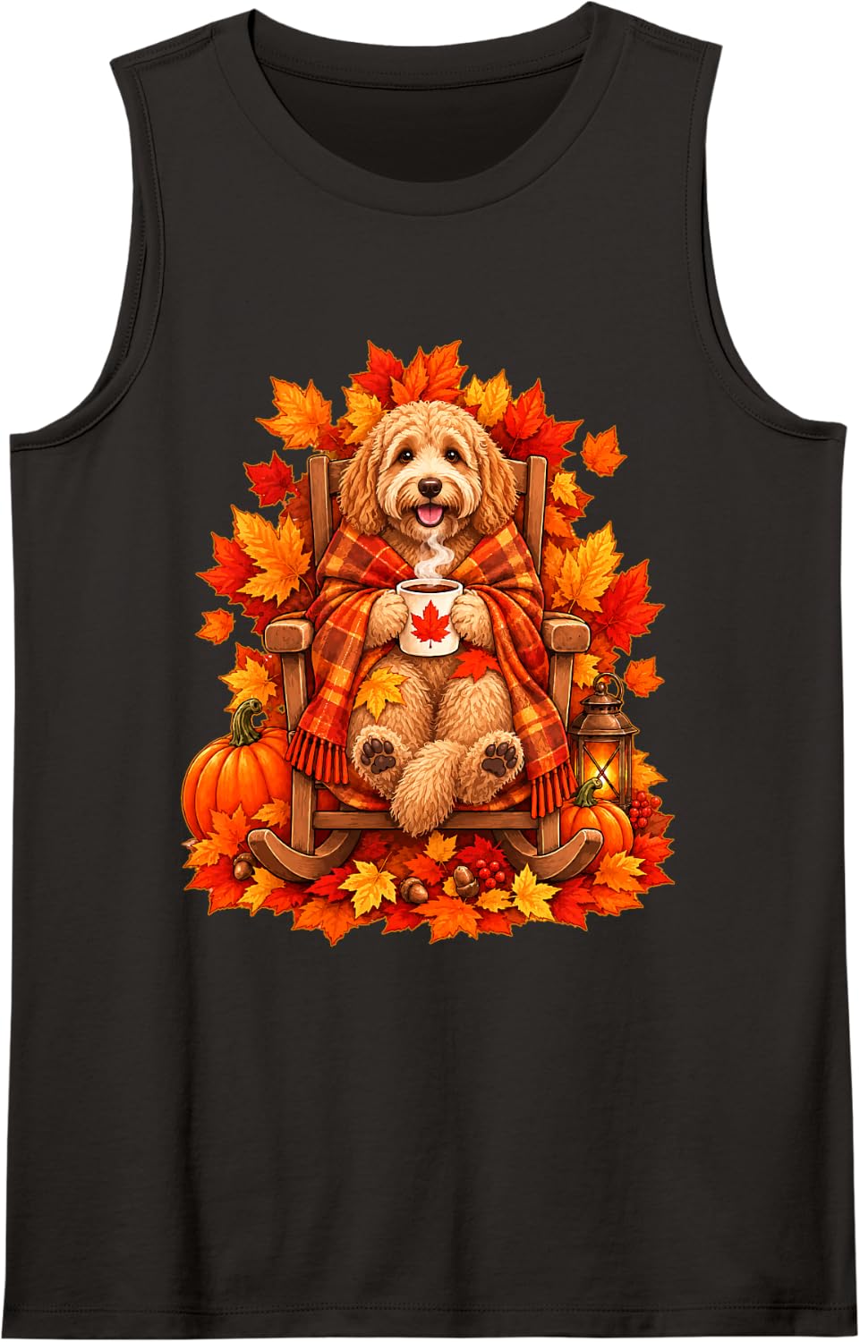 Fall Goldendoodle with Maple Leaves Pumpkins Autumn Dog Sleeveless Tank Top - Black
