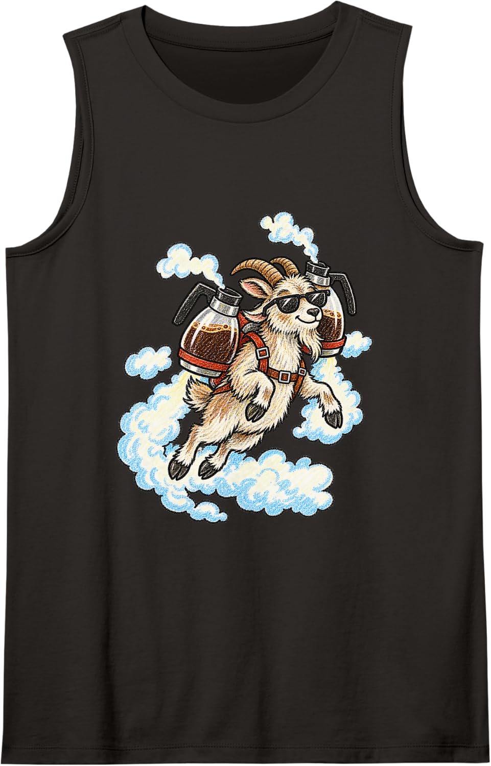 Goat Flying Coffee Jetpack Funny Animal Meme Sleeveless Tank Top - Black