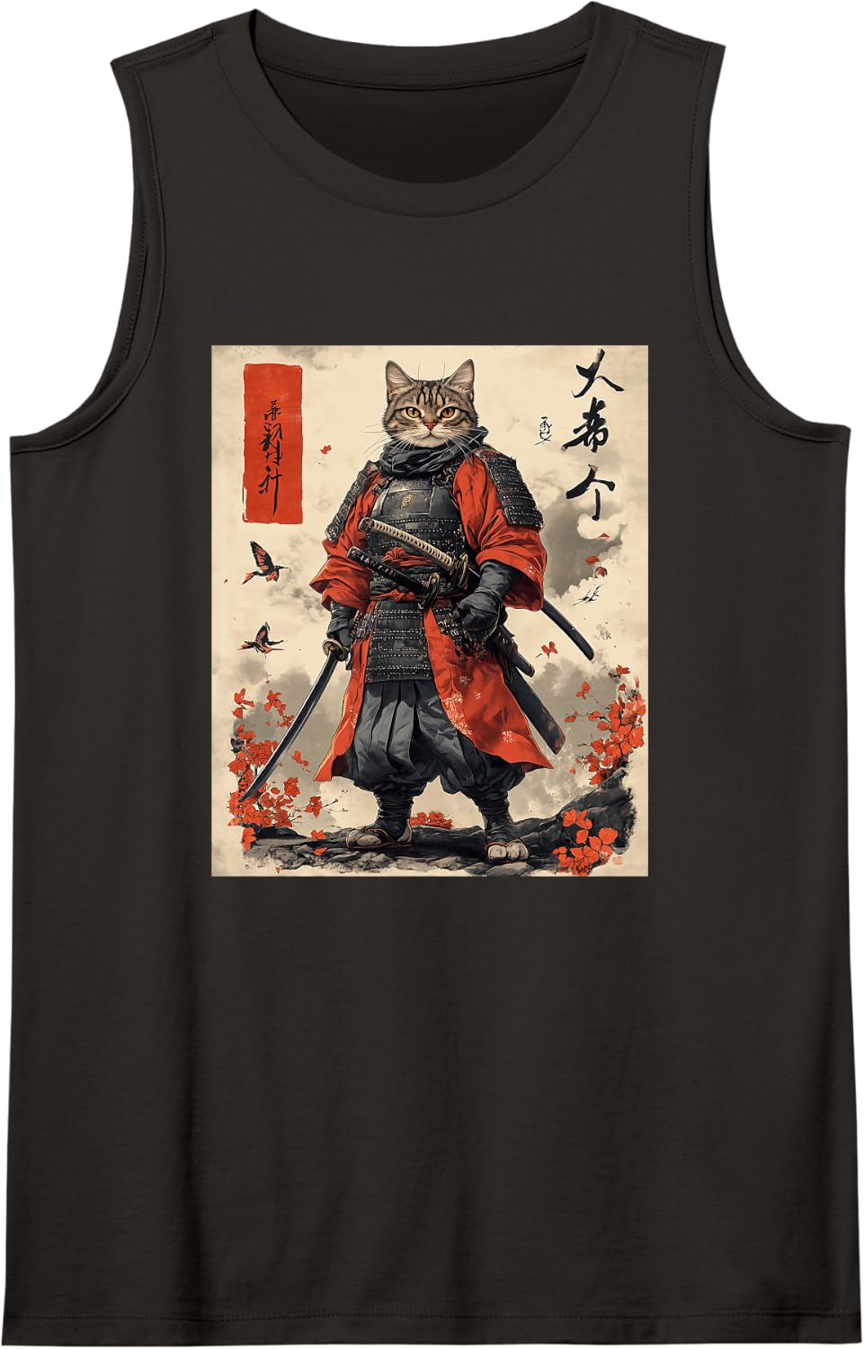 Samurai Cat T-Shirt - Japanese Art Style Warrior Graphic Tee Sleeveless Tank Top - Black