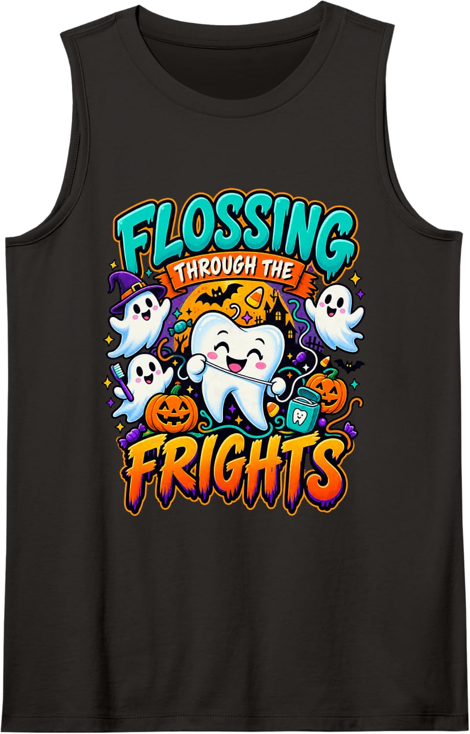 Flossing Through The Frights Halloween Dental Tank Top - Black
