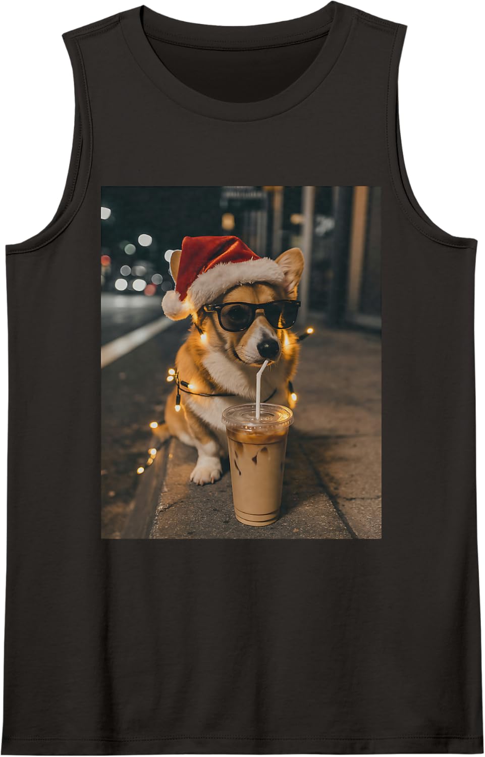 Pembroke Welsh Corgi Drinking Iced Coffee Santa Christmas Sleeveless Tank Top - Black