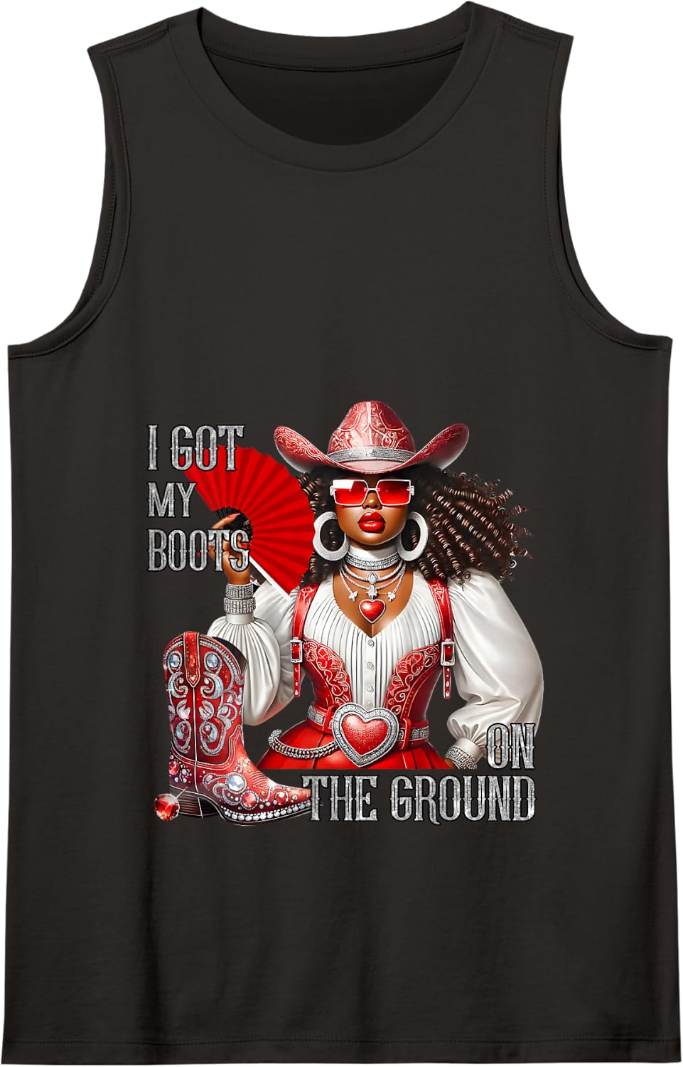 Western Black Cowgirl Hat Boots I Got My Boots On The Ground Tank Top - Black