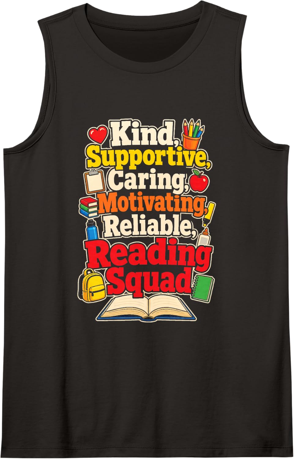 Reading Teacher Squad Kind Supportive Caring Motivating Sleeveless Tank Top - Black