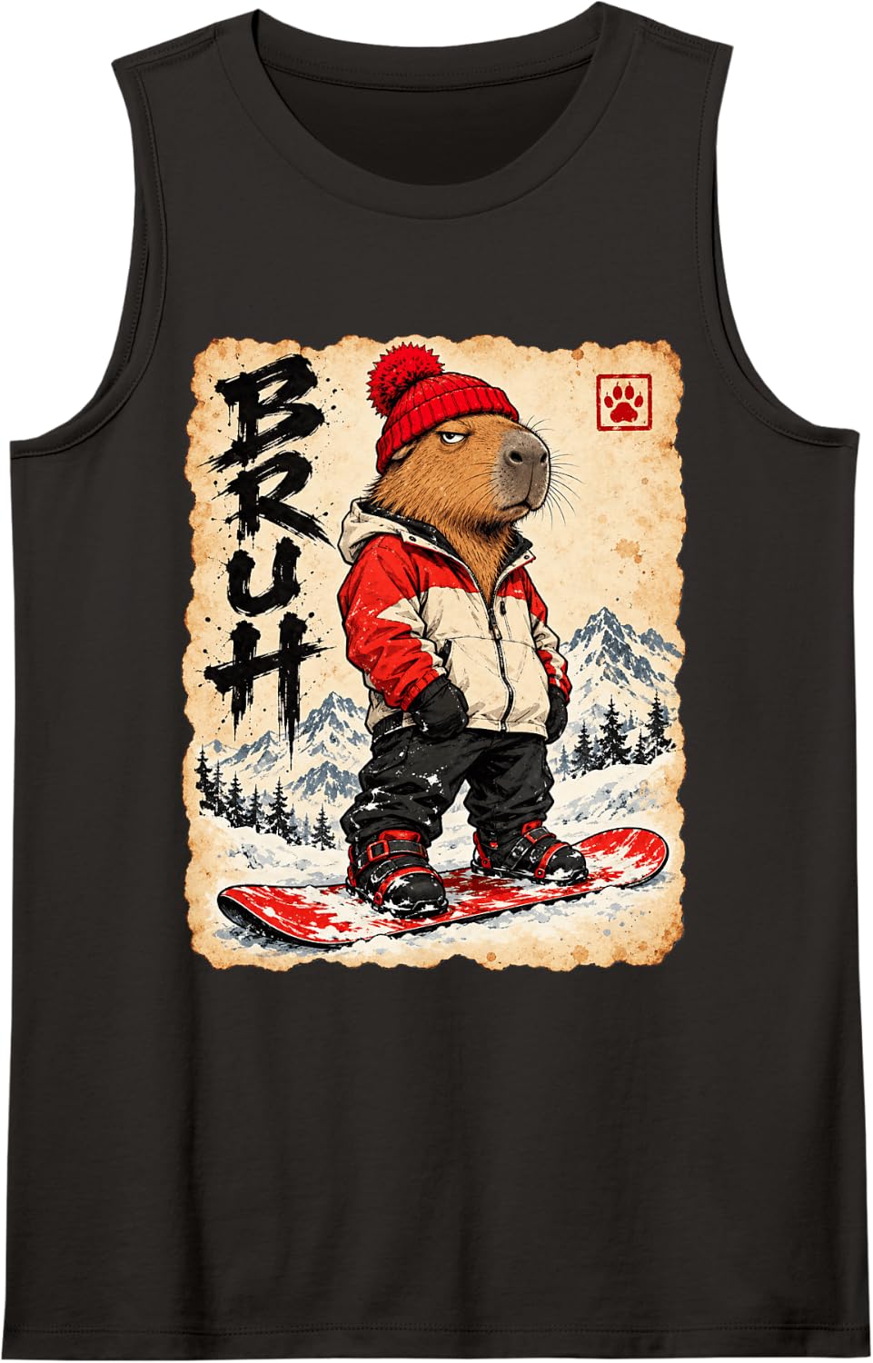 Snowboard Skiing Bruh Anime Kawaii Otaku Japanese Capybara Sleeveless Tank Top - Black