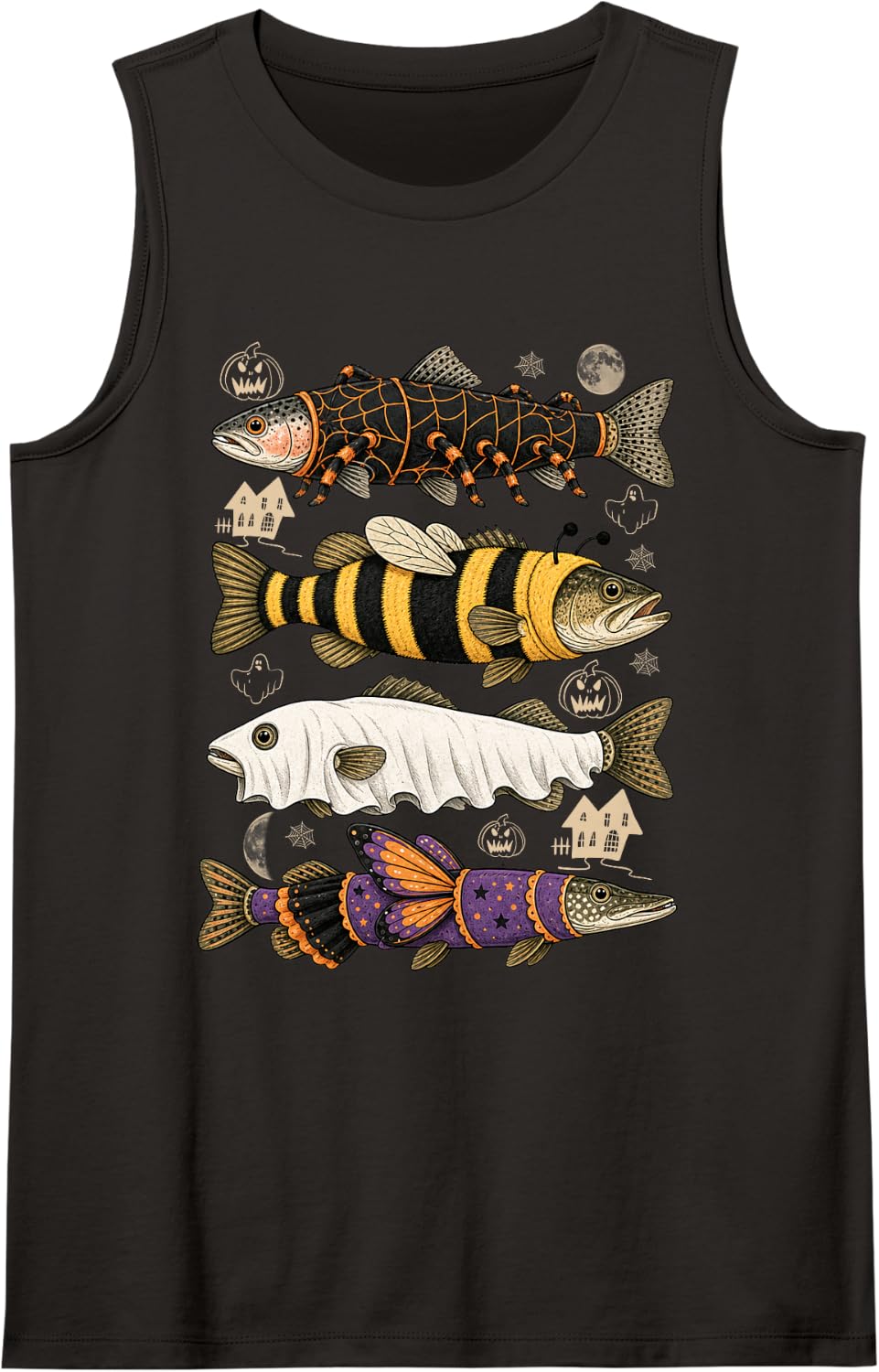 Halloween Trout Fish Ghost Bee Skeleton Spider Sleeveless Tank Top - Black