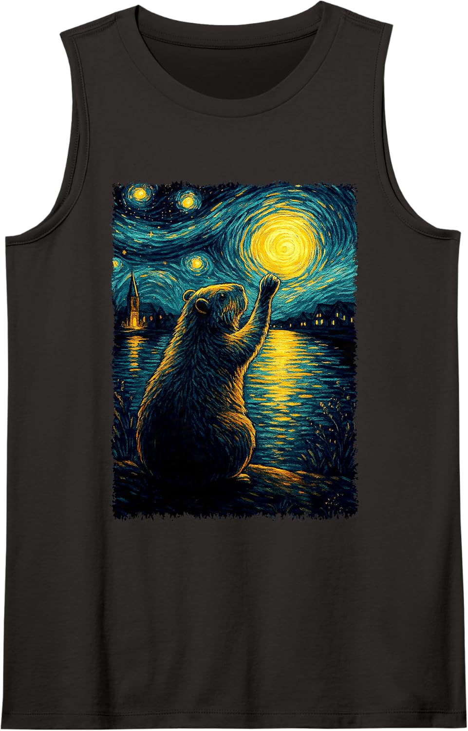 Capybara in Van Gogh Starry Night Don't Worry Be Capy Cappy Sleeveless Tank Top - Black