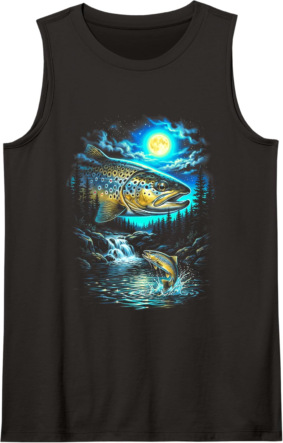 Brown Trout Howling to The Moon Vintage Angler Fisherman Sleeveless Tank Top - Black
