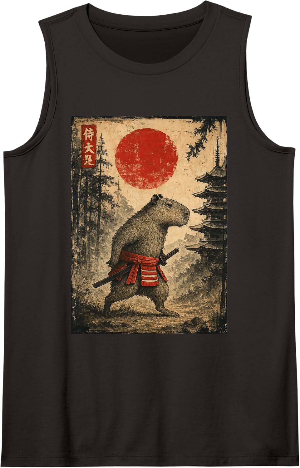 Samurai Capybara Japanese Art Anime Ukiyo-e Graphic Sleeveless Tank Top - Black