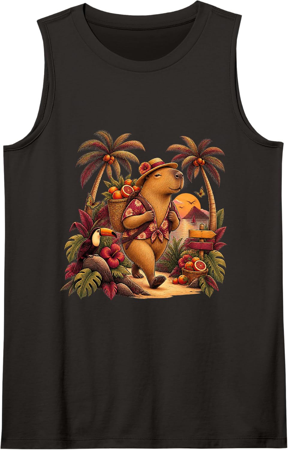 Playful Capybara Carrying Citrus Fruit Tank Top - Black