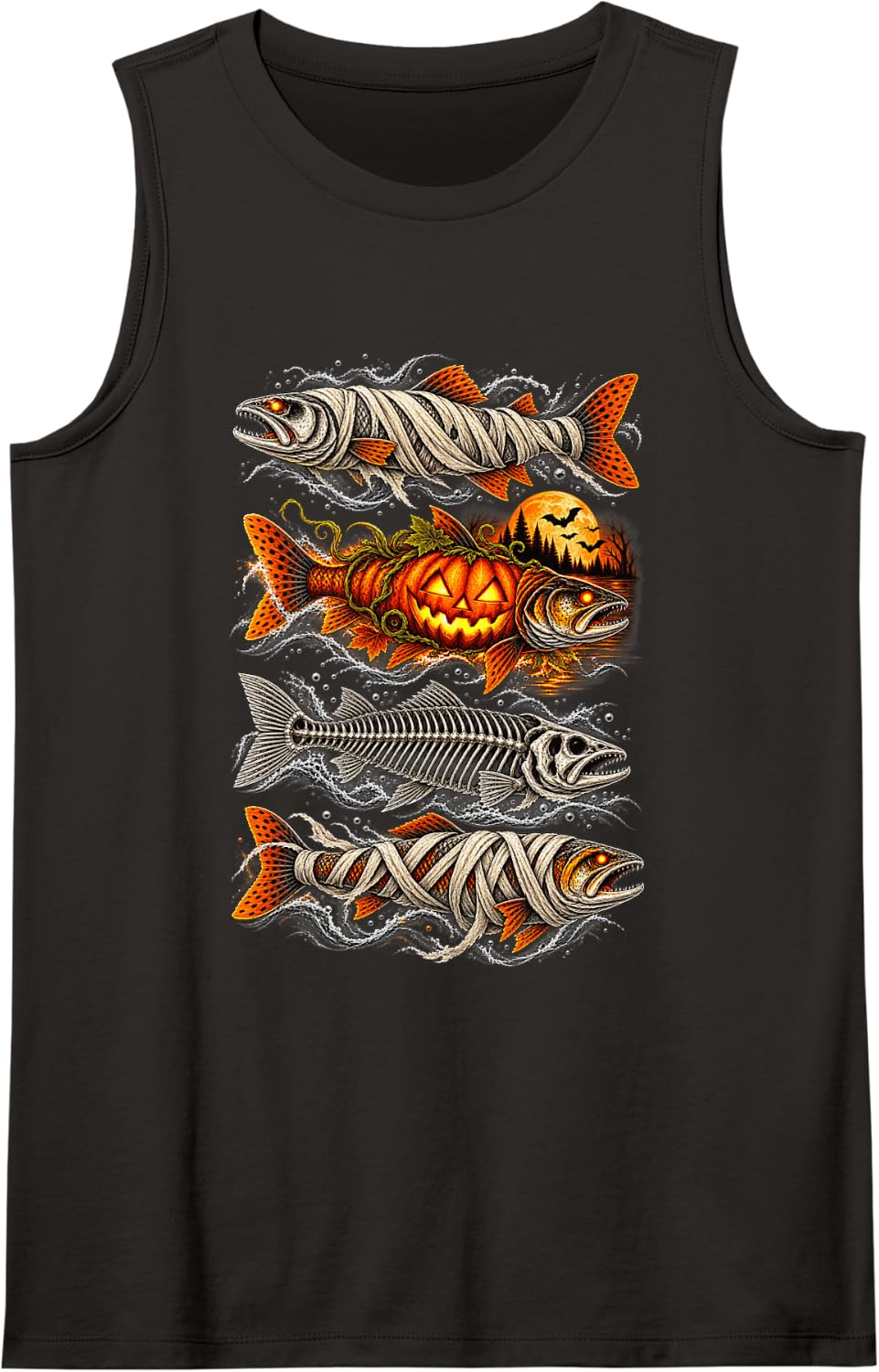 Halloween Trout Fish Ghost Pumpkin Skeleton Mummy Tank Top - Black