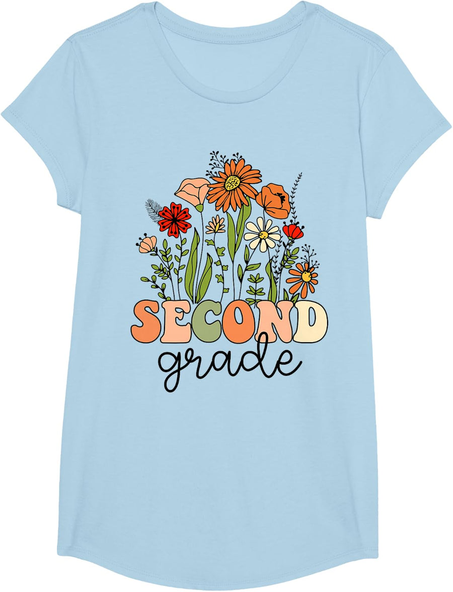 Groovy Second Grade Wildflowers Back To School Tee 2nd Grade T-Shirt - Girls Baby Blue