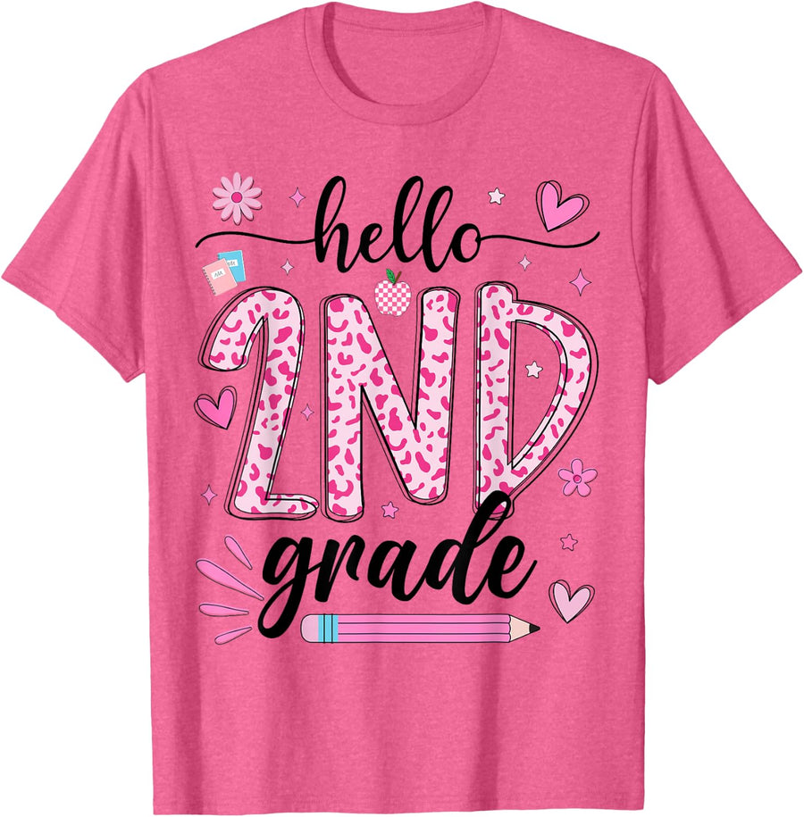Hello Second 2nd Grade Leopard Teachers Girls Back to School T-Shirt - Pink Heather
